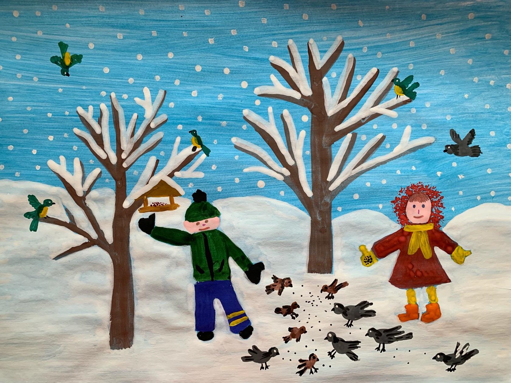 Рисование дети кормят птиц зимой